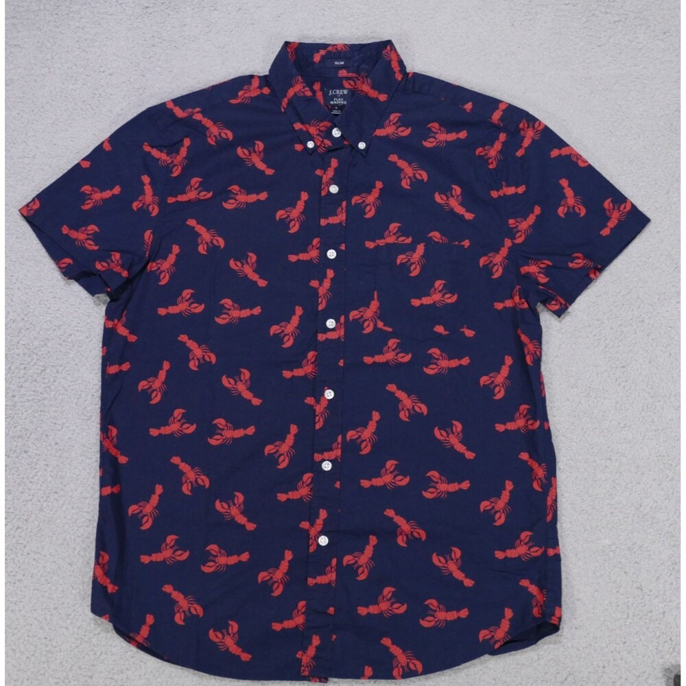 J Crew Shirt Mens Medium Slim Blue Lobster Print Short Sleeve Button Down